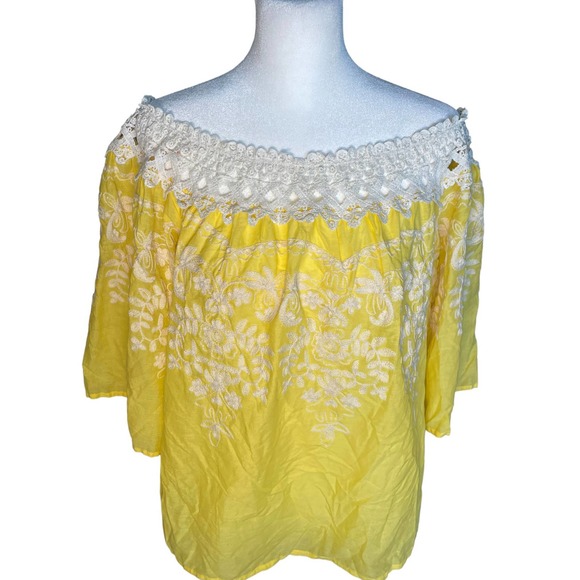Flying Tomato Off the Shoulder Sunshine Yellow Embroidered Blouse Womens Size M - Picture 2 of 7